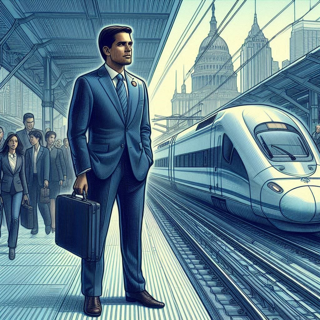 puerto rican senator standing on a train platform, high speed train, solarpunk drawing