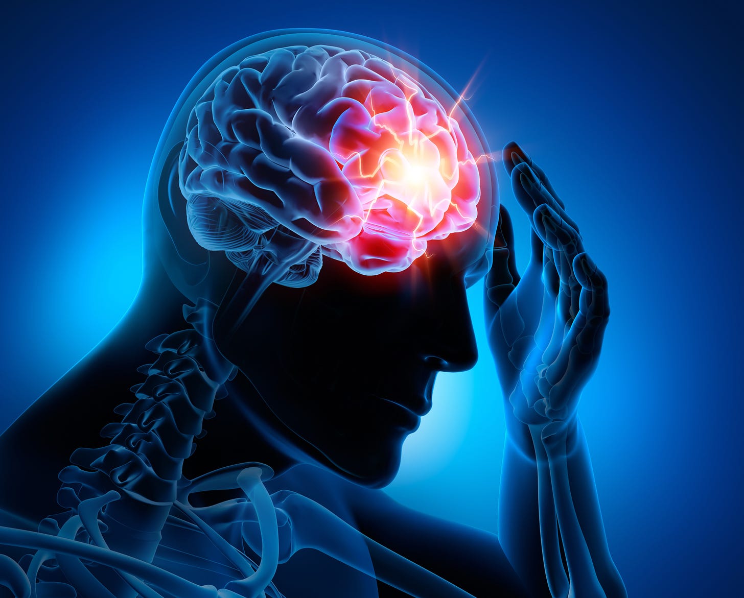 Figura humanoide transparente com o cerebro evidente e luzes vermelhas na parte frontal 