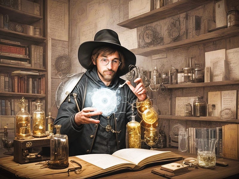 An alchemist crafting the magic of writing over an open book.