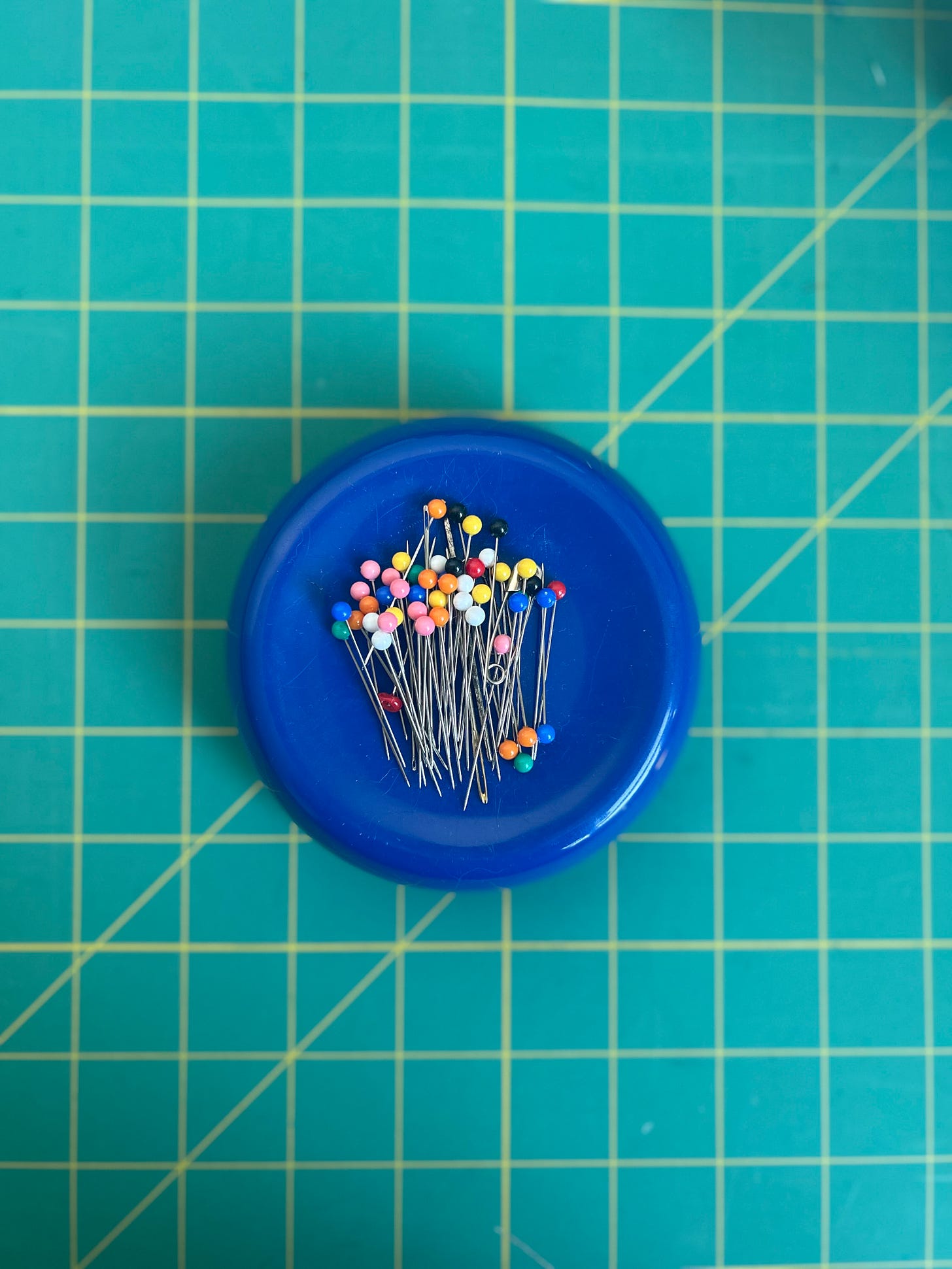 Blue magnetic pin holder with pins sitting on a green background