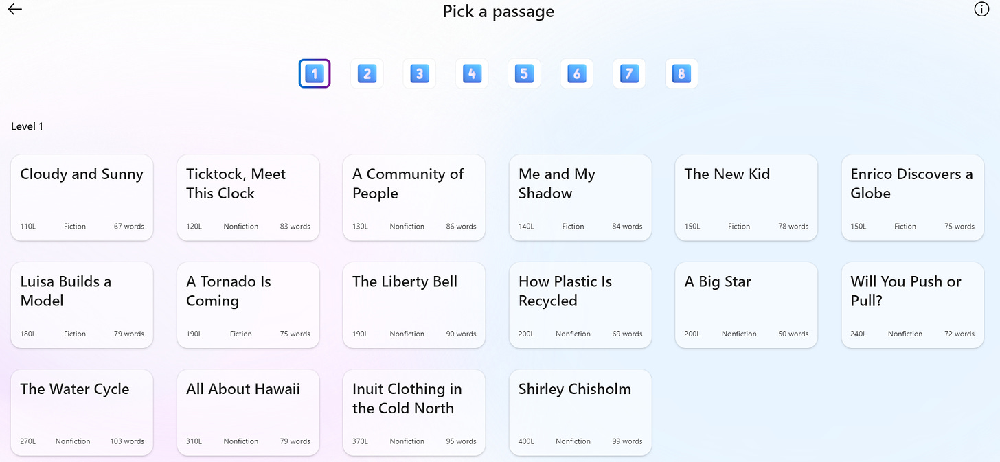 "Pick a passage" menu of the Microsoft Reading Coach