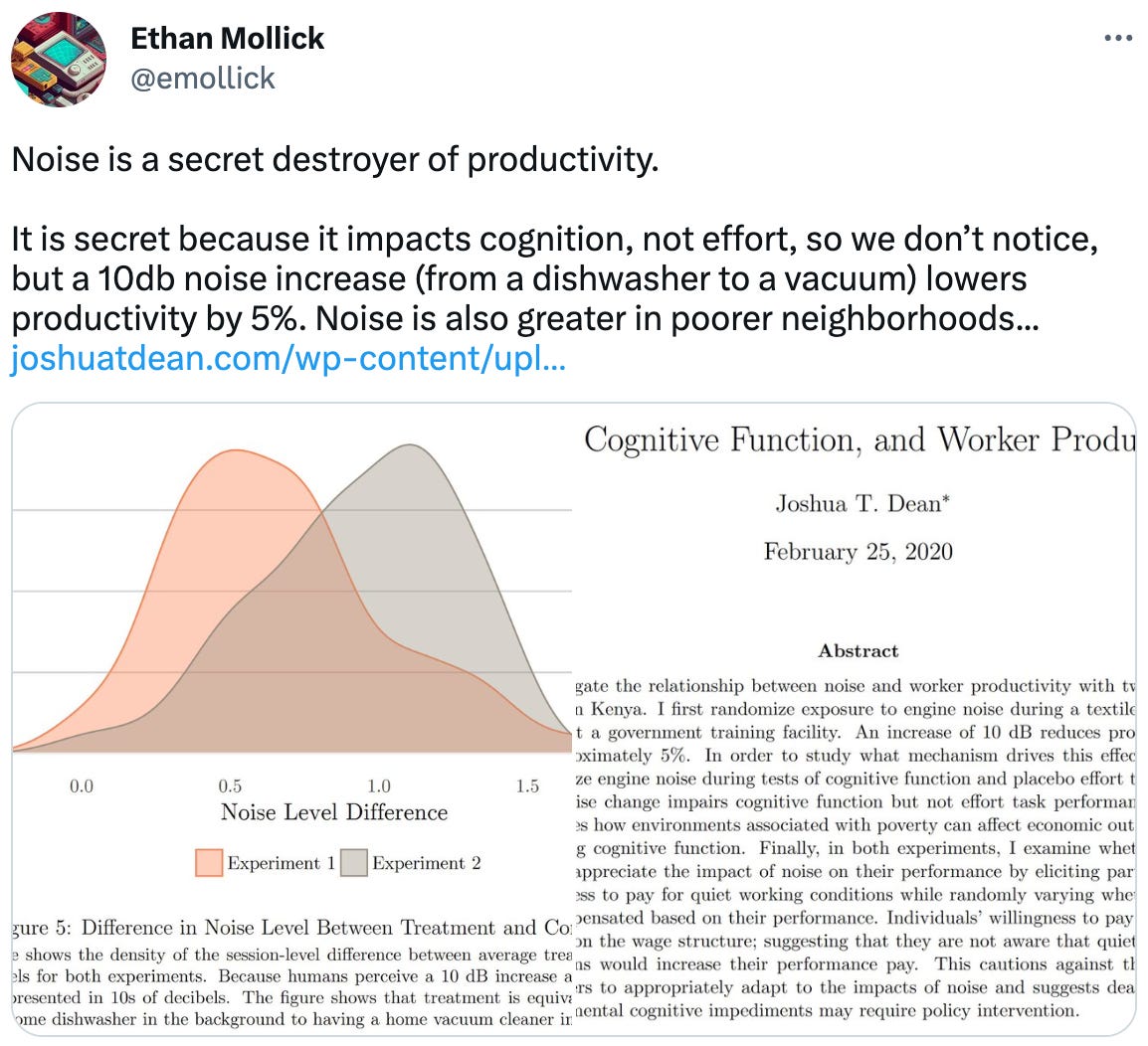  Ethan Mollick @emollick Noise is a secret destroyer of productivity.  It is secret because it impacts cognition, not effort, so we don’t notice, but a 10db noise increase (from a dishwasher to a vacuum) lowers productivity by 5%. Noise is also greater in poorer neighborhoods... https://joshuatdean.com/wp-content/uploads/2020/02/NoiseCognitiveFunctionandWorkerProductivity.pdf