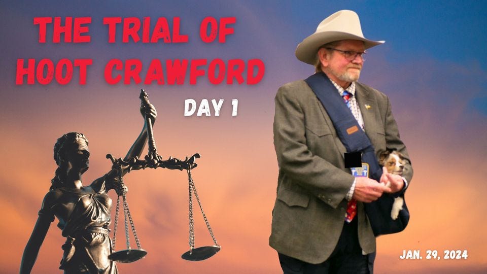 May be an image of 2 people and text that says 'THE TRIAL OF HOOT CRAWFORD DAY1 JAN. 29, 2024'