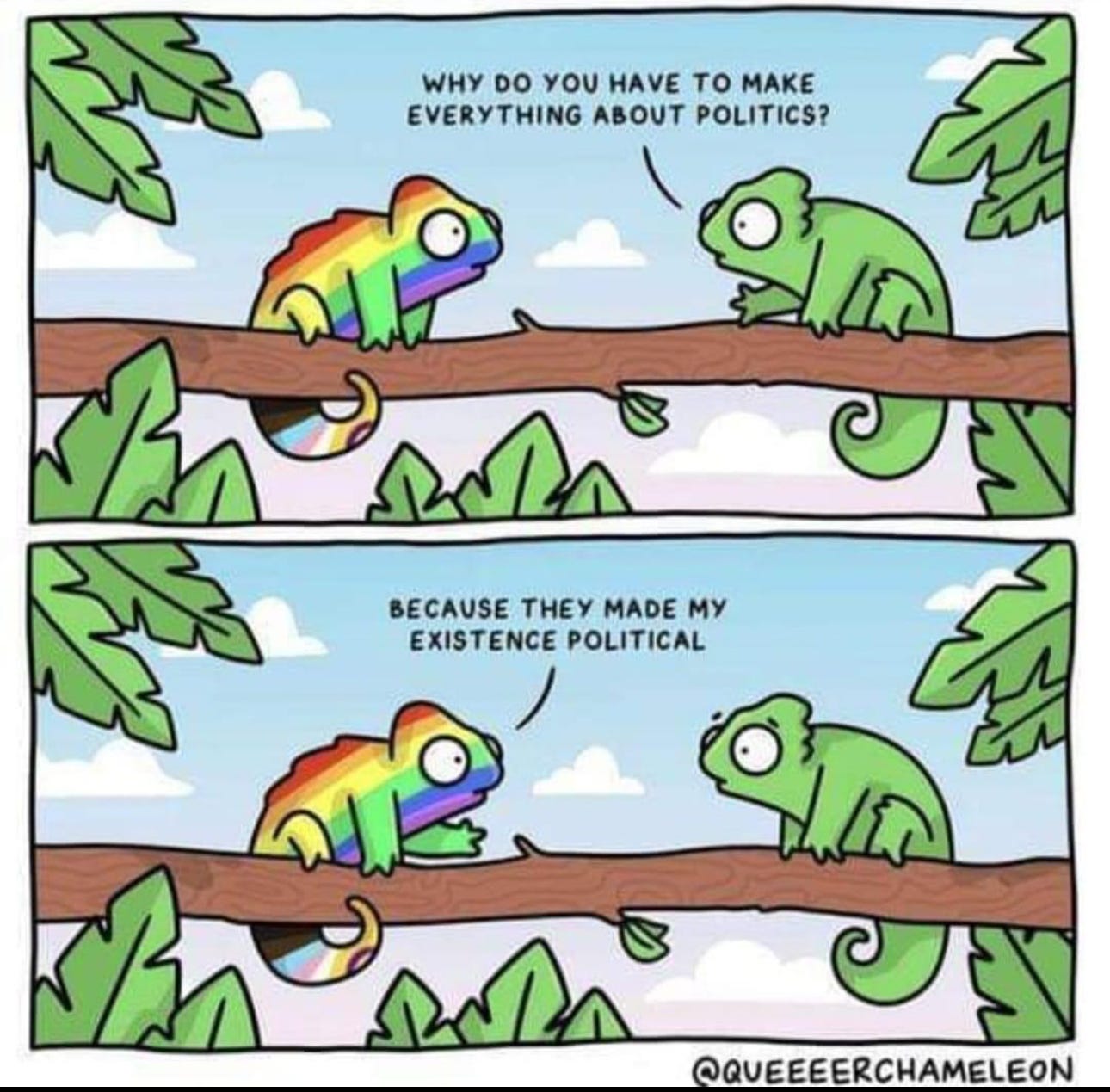 Comic with a queer chameleon talking to a typical chameleon. Typical says to Queer "Why do you have to make everything about politics". Queer responds "Because they made my existence political"