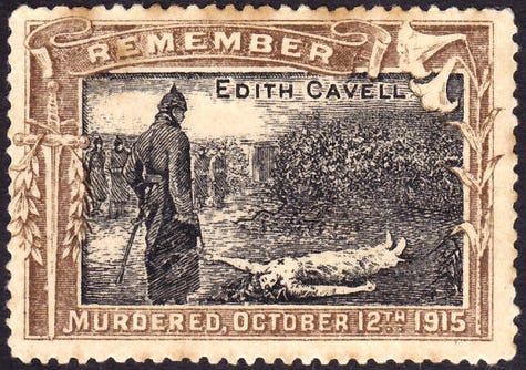 A brown stamp with a drawing showing a German officer standing over a dead nurse's body.