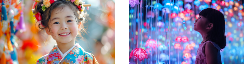 Two complementary scenes celebrate joy and curiosity. On the left, a young girl smiles brightly in a colorful floral kimono adorned with flowers in her hair. The vibrant colors of the background and her traditional attire convey a festive atmosphere. On the right, another child gazes upwards at an array of glowing jellyfish-shaped lanterns in pink, blue, and purple hues. The soft lights create a magical ambiance, highlighting the child's wonder and fascination. Together, these scenes express the beauty of childhood wonder in cultural and imaginative settings.