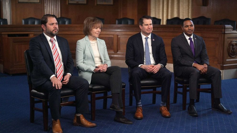 Photo of Senator Tina Smith, Representative Seth Moulton, Representative Ruben Gallego, and Representative Ritchie Torres from their ABC interview; reused with permission from ABC