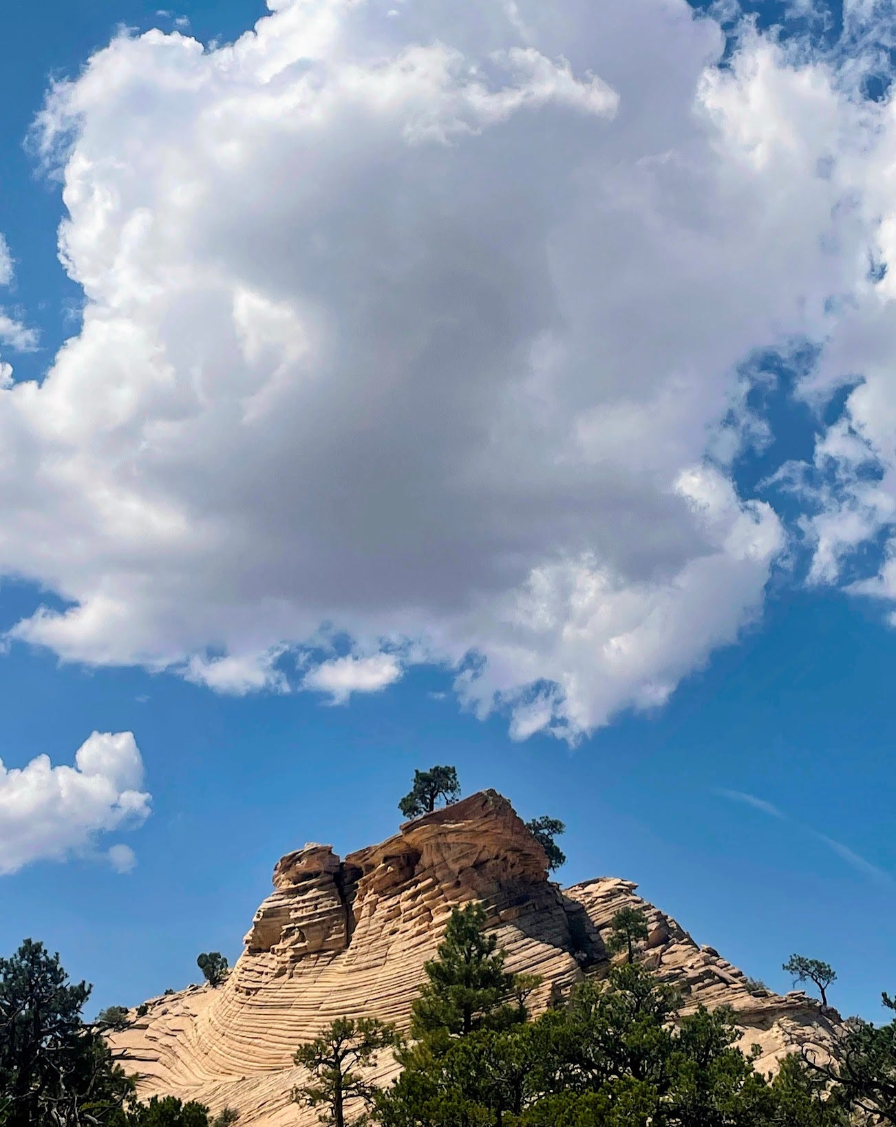 A red rock pillar sit beneath a blue sky and a massive puffy white cloud