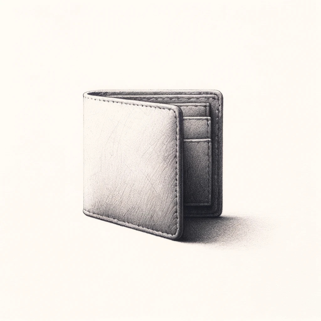A minimalistic drawing of a wallet, executed in super light pencil etchings, set against a pure white background. The drawing focuses on simplicity and subtlety, capturing the essence of the wallet with delicate, fine lines.
