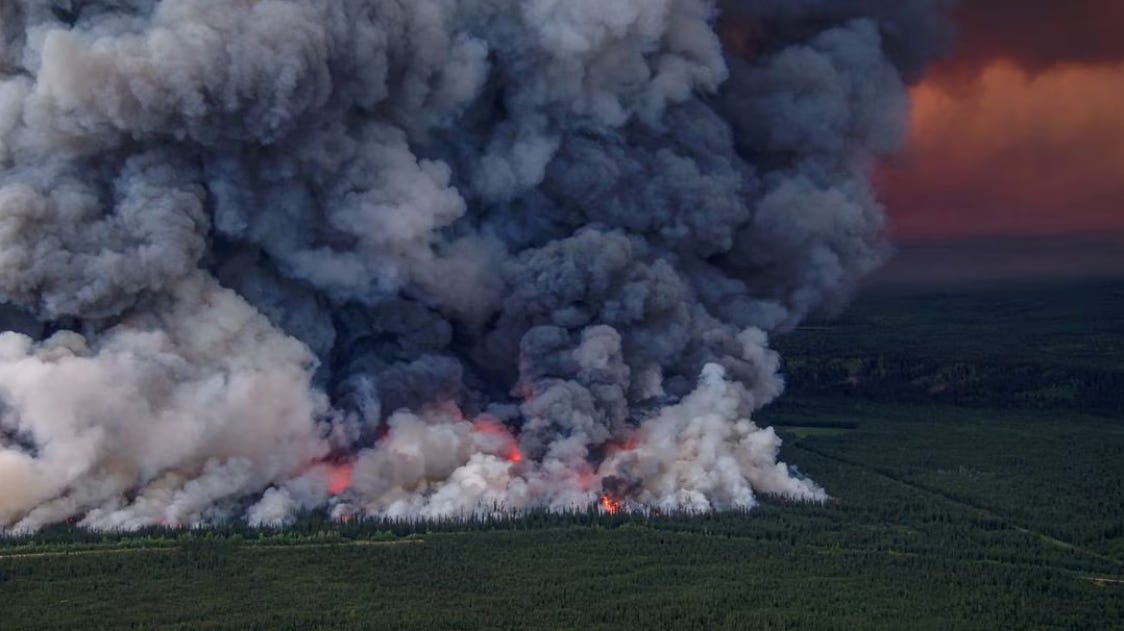 Billowing smoke at Donnie Creek fire, British Columbia from planned ignitions by firefighters