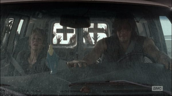 walking dead season 5 consumed carol with darryl in falling van with zombies