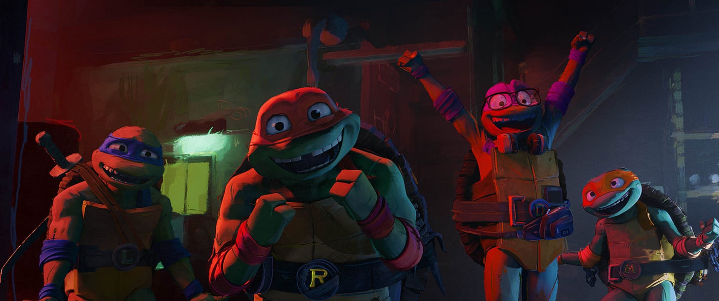 Leonardo (Nicolas Cantu), Raphael (Brady Noon), Donatello (Micah Abbey), and Michelangelo (Shamon Brown Jr.) in Teenage Mutant Ninja Turtles: Mutant Mayhem