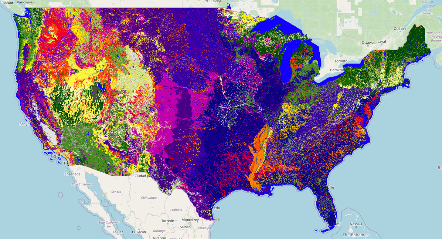 a map of the US showing a range of colors including purples, oranges, reds, yellows, greens, and many shades in between. There is too much detail to describe with accuracy, but in broad terms we can see the central US as a pinks and purples, the west as small constellation of purples greens and yellows (with california standing out strikingly as purple, and the pacific northwest in greens), and the east as ranging from purples in the south towards greens in the north.