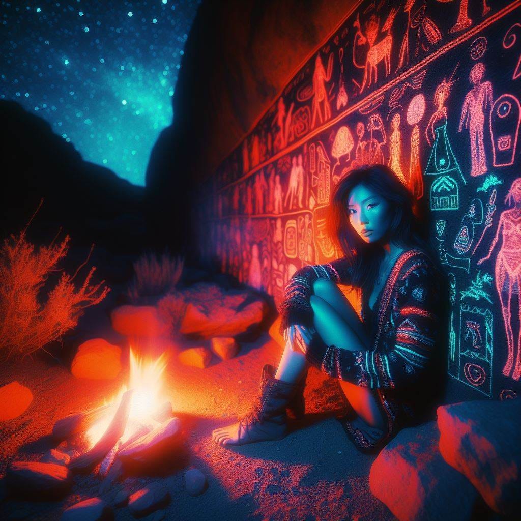 neon colors photography Toy Camera Effect: Hyper realistic; titlshift / Wide-angle shot capturing woman sitting against wall, by a fire; looking at camera. stars in distance.. of petroglyphs "tanum Rock Carvings" (Sweden). Macro focus petroglyphs on Mouse's Tank Trail in Valley.  Moapa Band of Paiute Indians  wear traditional dances garb. They can be seen far away in background. natural plants. Looking at entire scene through a branch of a tree.
