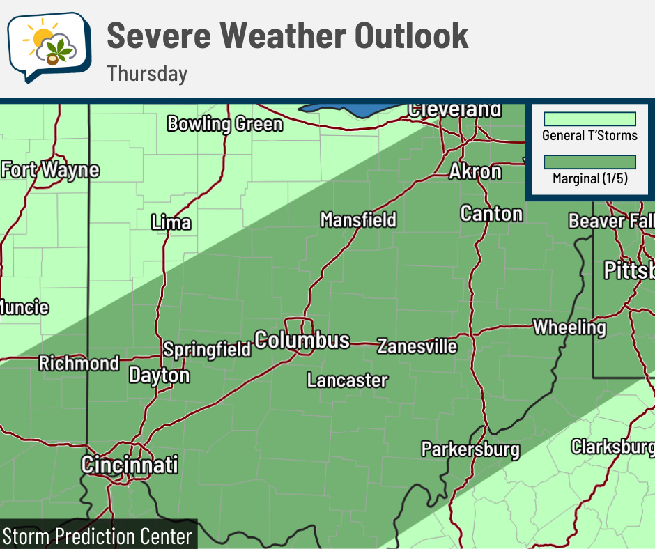 Central Ohio is in a marginal (level 1/5) risk of severe storms on Thursday.