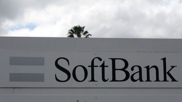 Close-up of logo at office for Softbank in the Silicon Valley, San Carlos, California, April 10, 2020. (Photo by Smith Collection/Gado/Getty Images)