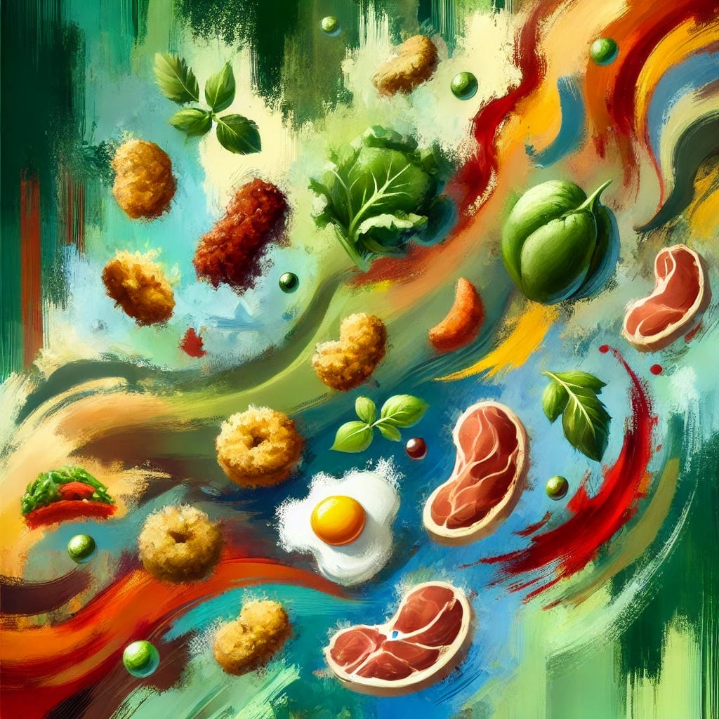 An abstract and playful painting representing the rise of plant-based meats and their competition with traditional meat. Use bright, contrasting colors to symbolize plant-based products, with abstract shapes representing nuggets and other foods. Incorporate shades of green to signify nature and sustainability, blending with dynamic reds and browns that symbolize traditional meat. The shapes should be balanced, interacting with each other to represent competition and improvement. Use visible brushstrokes to add texture, creating a sense of progress and change in the food industry.