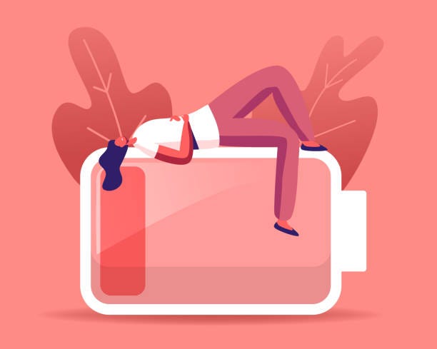 Tired Or Haggard Businesswoman Character Lying On Huge Battery With Low Red  Charging Level Overload Employee Stress Stock Illustration - Download Image  Now - iStock