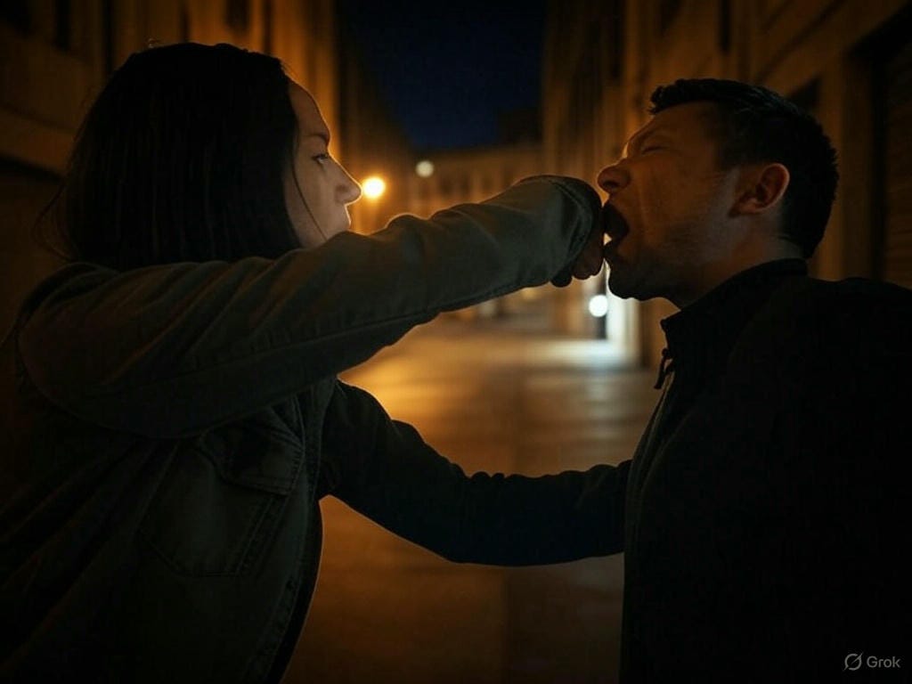 I generated images with the prompt: 'woman successfully defending her honor by punching a male attacker hard and fast in the face, capturing the moment his head goes back from the impact with realistic violence'