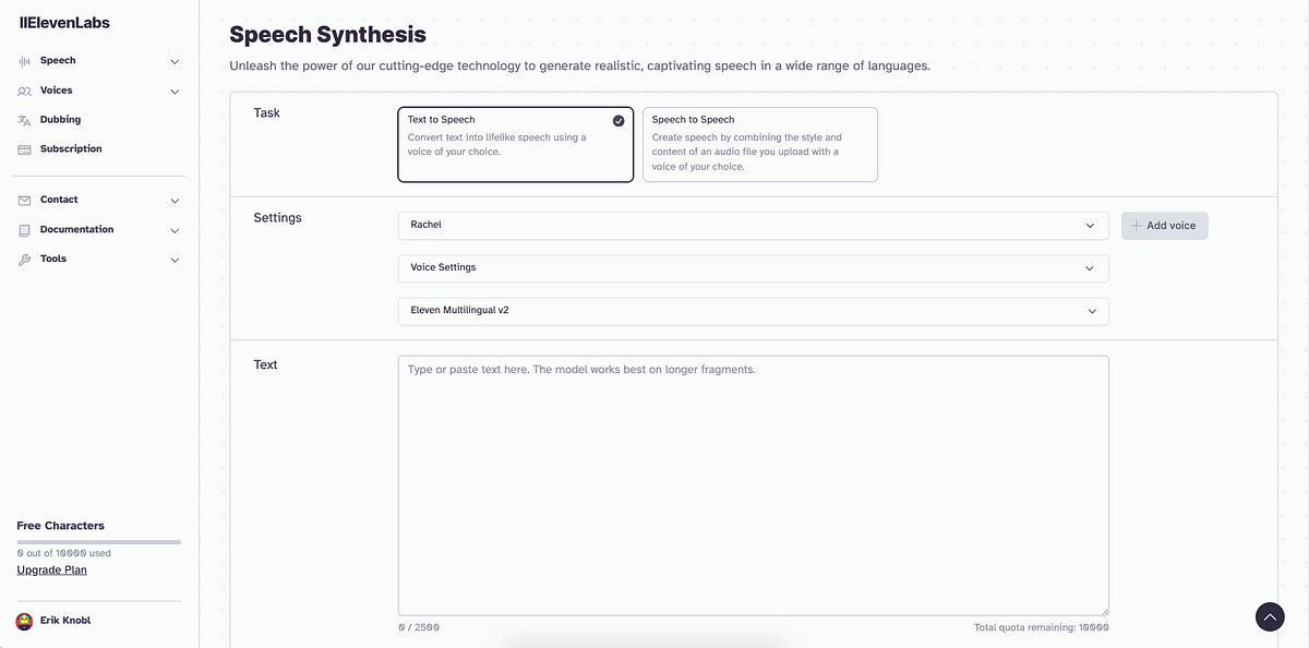 Screenshot of the website of ElevenLabs, Speech Synthesis menu