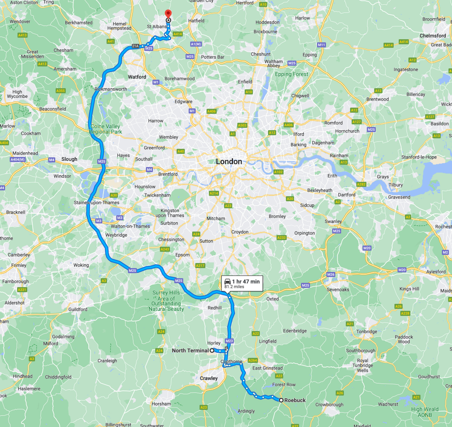 A map showing our route from Roebuck to St. Albans in the UK