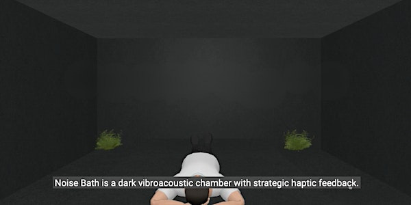 A rendering of a room with black walls. Two green plants sit in corners. A white person is lying face-down in the middle. Text: Noise Bath is a dark vibroacoustic chamber with strategic haptic feedback.