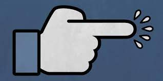 An image of a white cartoon finger pointing horizontally on a blue background, as though it is poking someone. 
