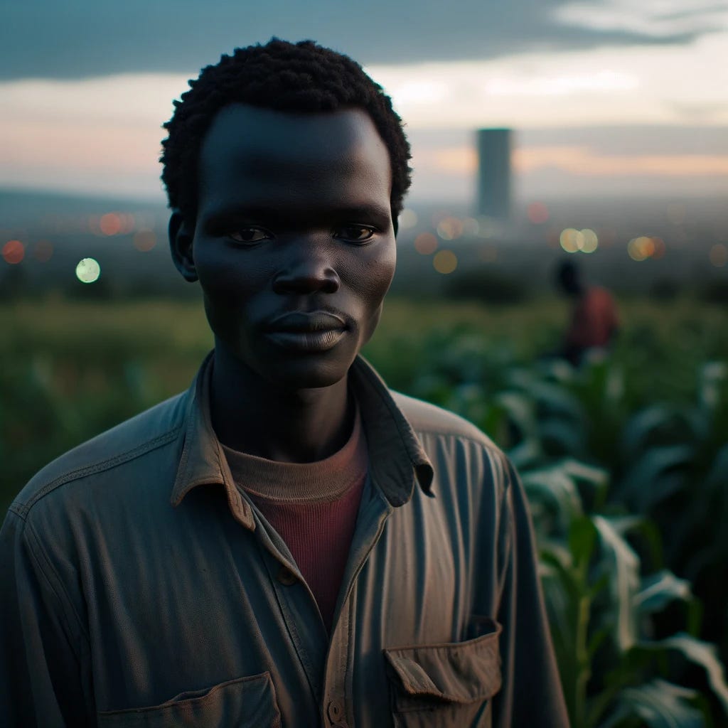 A Luo man, about 5'8" tall with dark skin and slightly sunken cheekbones, working on a farm. The setting is near Kisumu, Kenya, during the evening around 7 PM. The cityscape of Kisumu is visible in the softly lit background. The man is engaged in farming activities, wearing casual farm clothing, with the evening sky transitioning to dusk. The atmosphere is calm with a fading light, emphasizing the end of the day's work on the farm.
