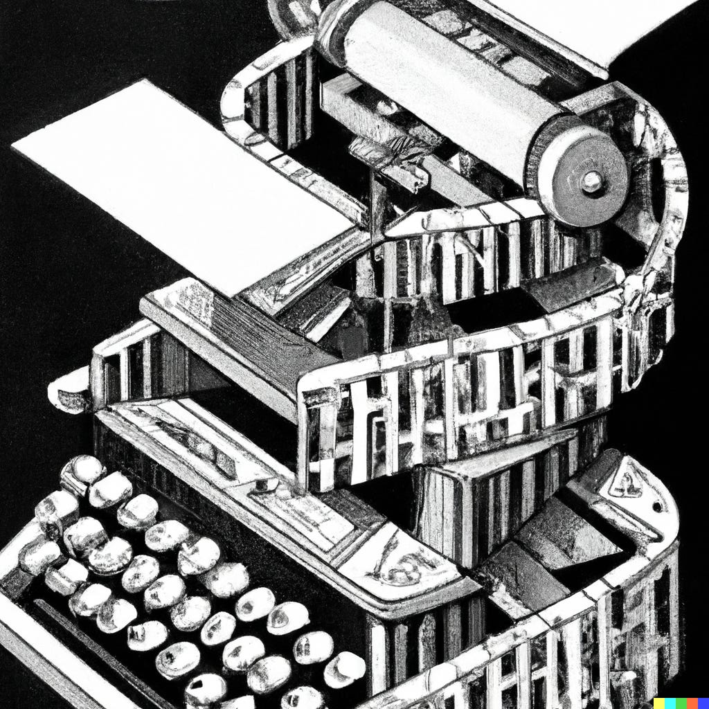 A hand drawing of a printing press turning into a typewriter in the black-and-white style of M. C. Escher, made by Dall-E
