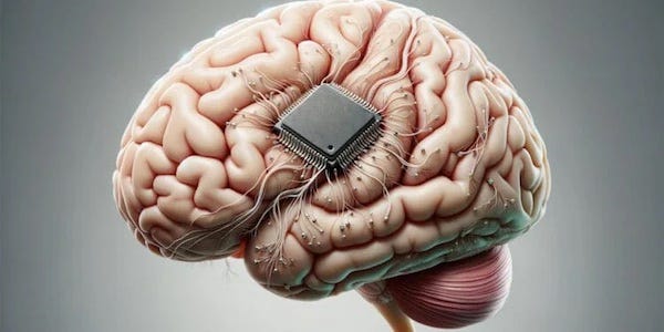 Image of a human brain with a chip implanted in it. Little tendrils come out of the chip and reach in to various parts of the grey matter.