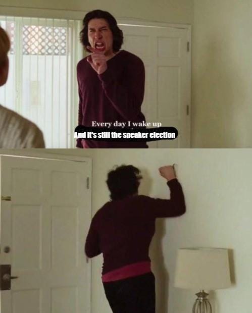 Every day I wake up And it's still the speaker election Adam Driver Joint Shoulder White Sleeve Standing Interior design Material property Waist Font T-shirt Fashion design Magenta Door