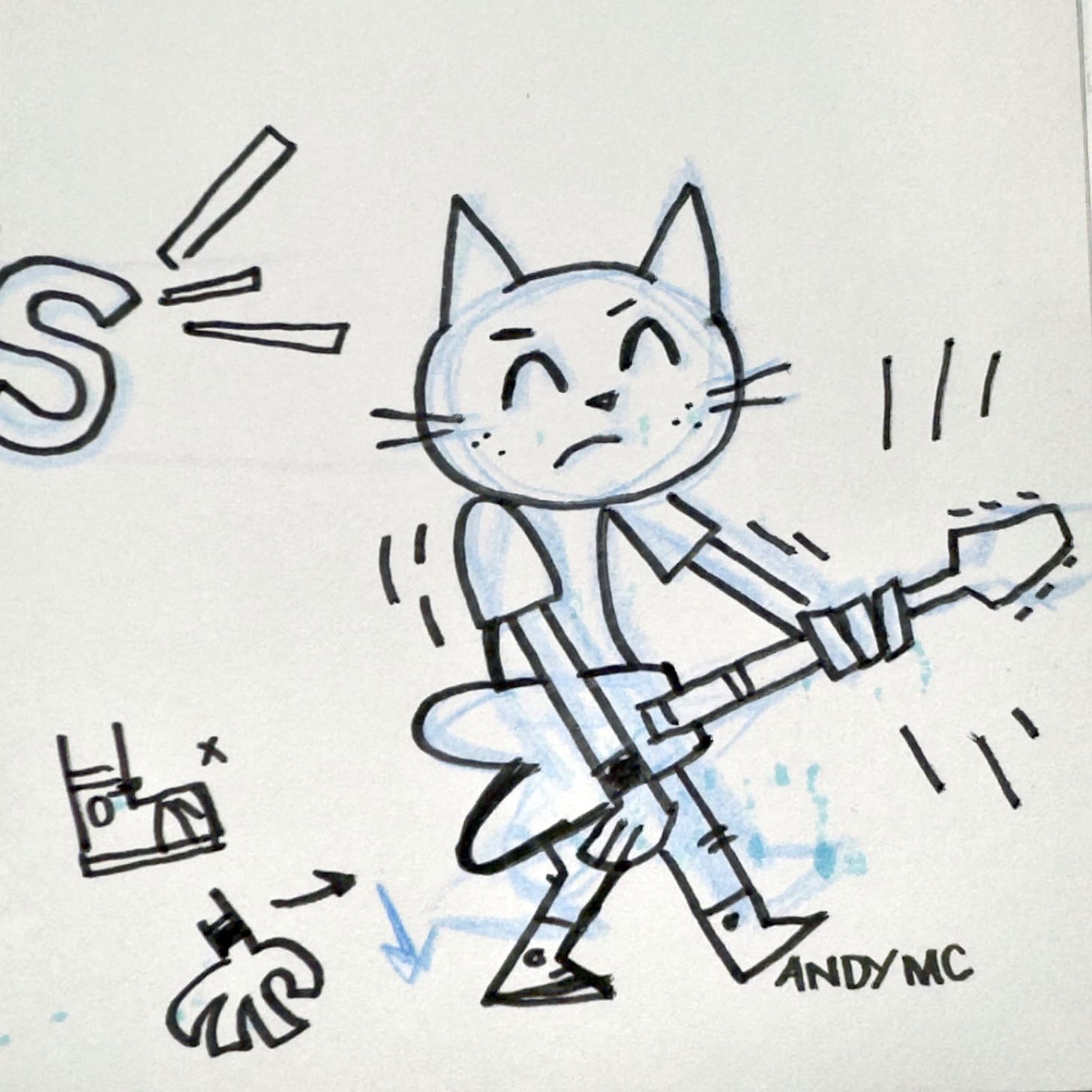 a sketch of a cartoon cat playing a guitar 