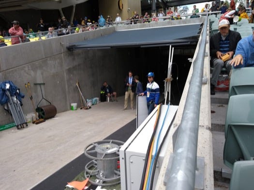 View of the stands, as Kevin Pietersen waits to come out onto the pitch to talk