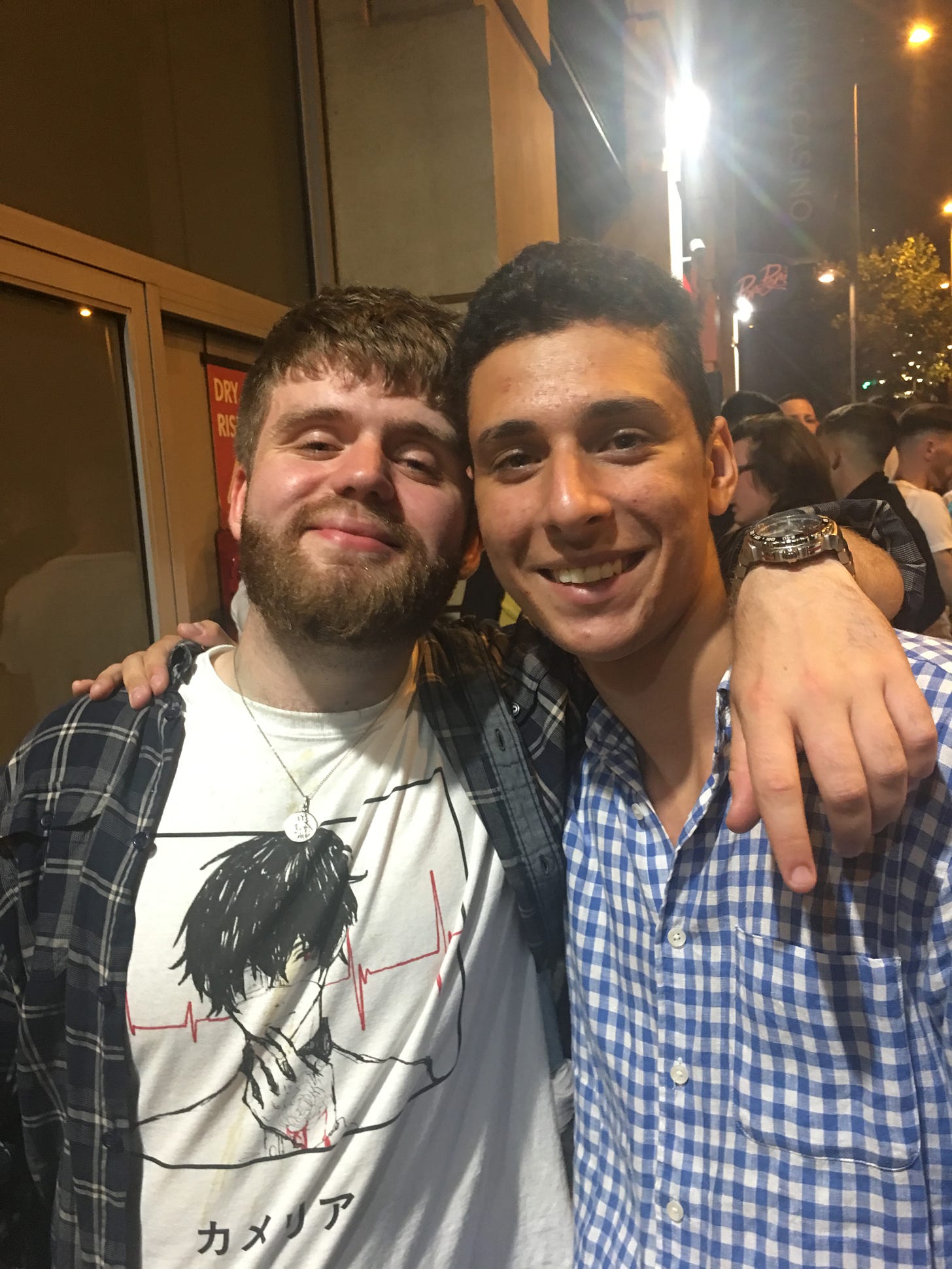 A photo of Tom and Stevie outside a Nottingham nightclub.