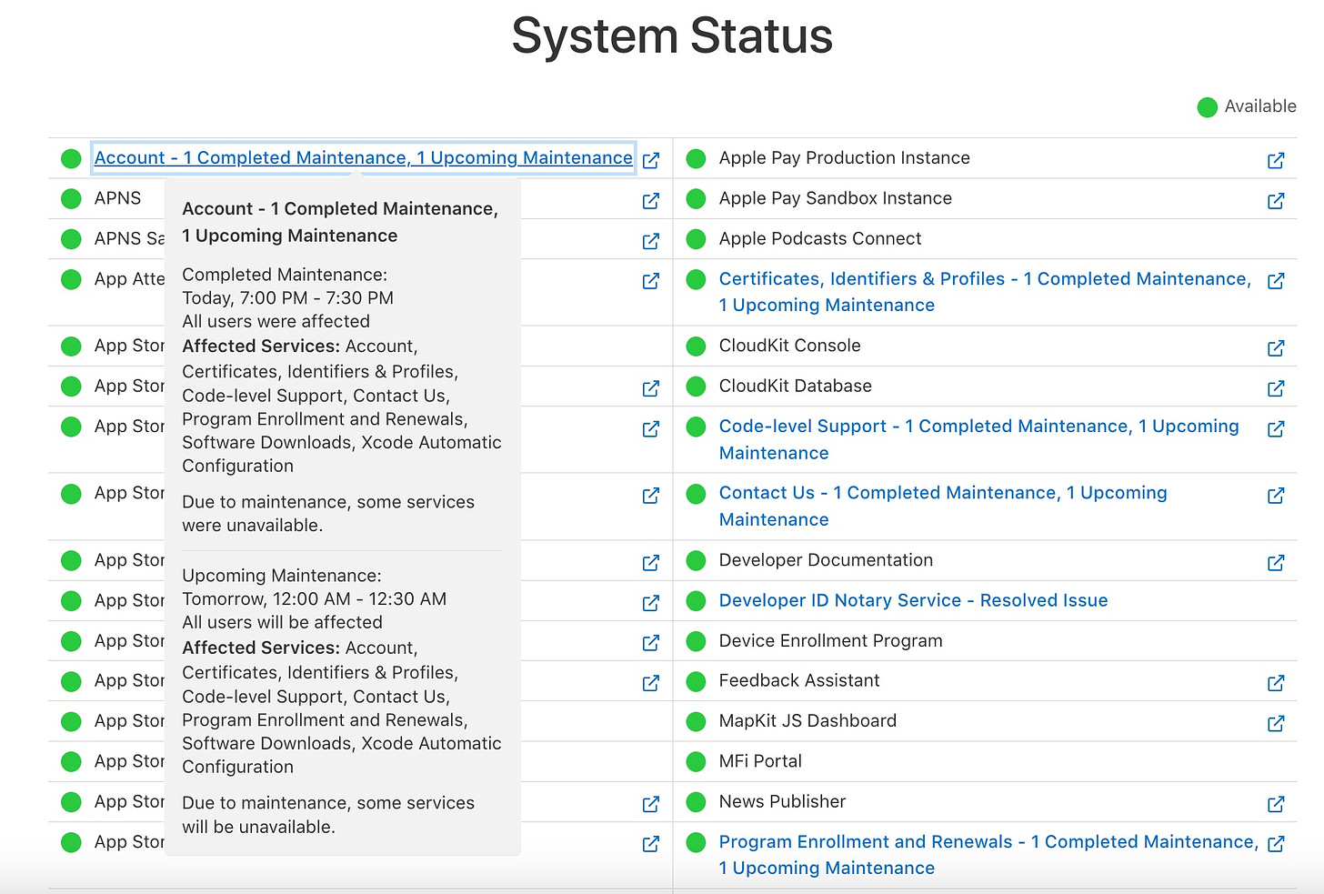 La página de estatus de sevidores dirigida a desarrolladores muestra que hay un mantenimiento en el sistema de cuentas de usuario