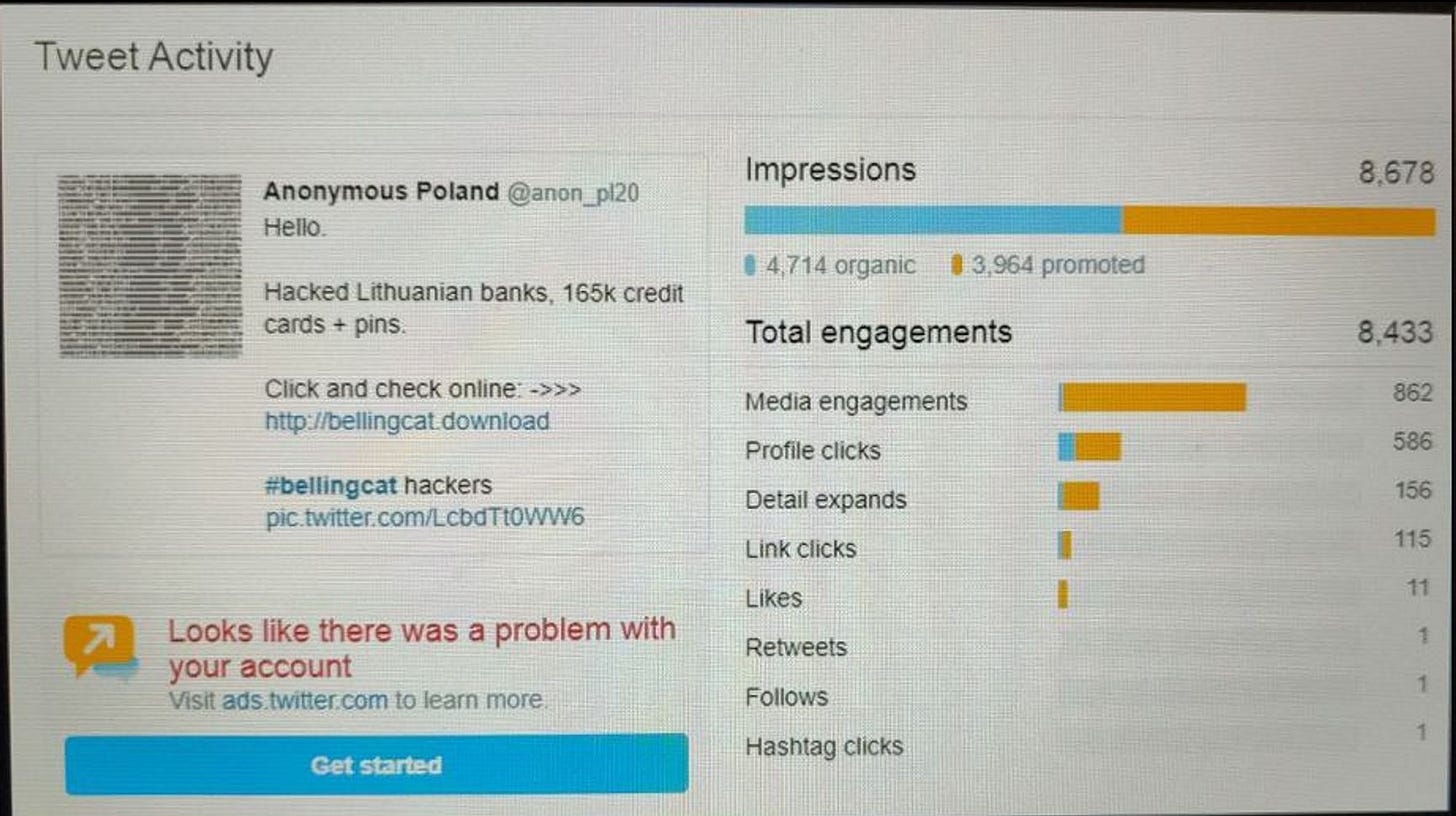 Screengrab of one of the false Anonymous Poland accounts dashboard showing the reach of the Bellingcat smear campaign. Found in the disused burner email used for reporting by Unit 29155