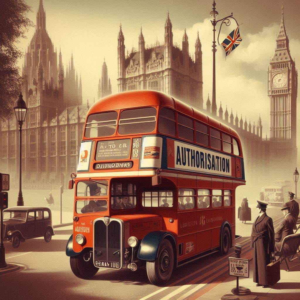 a london double decker bus bound for authorisation in the style of 1940s british ads