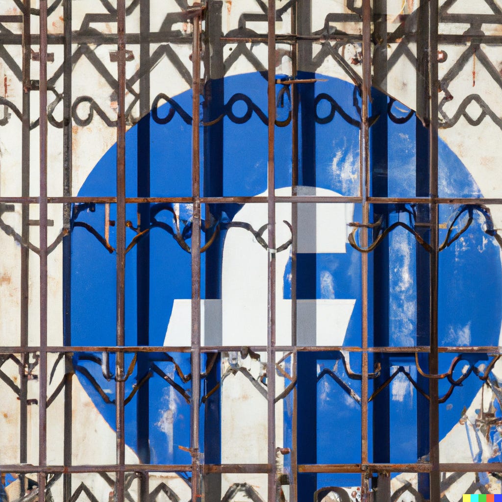 “facebook logo on a big locked gate with iron bars” / DALL-E