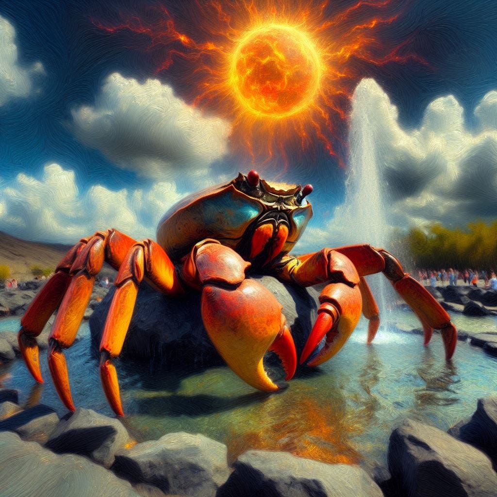 oil painting and glass Tilt Shift, lens baby effect; Sculpture Gardens: Storm King Art Centerk. close up rock crab. He is next to a water fountain surrounded by slate rock. fluffy clouds, sunny sky, sun made of plasma, lava sky