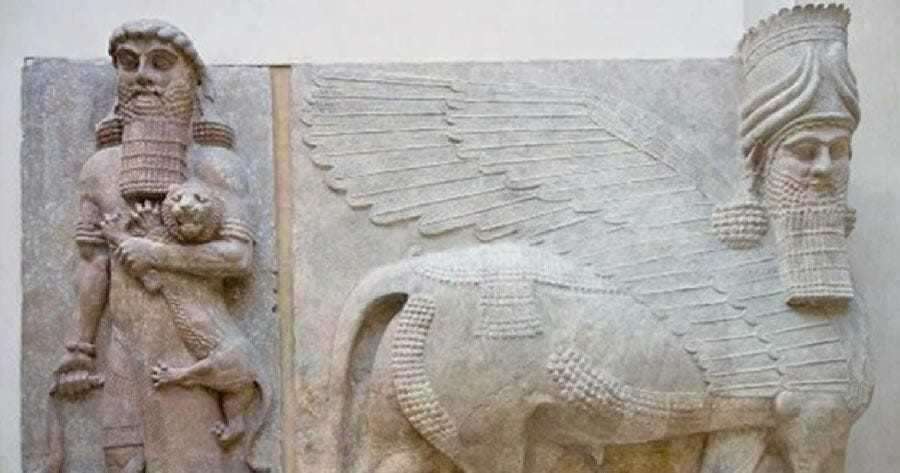 Gilgamesh and a human-headed winged bull Khorsabad facing – Louvre (Public Domain)