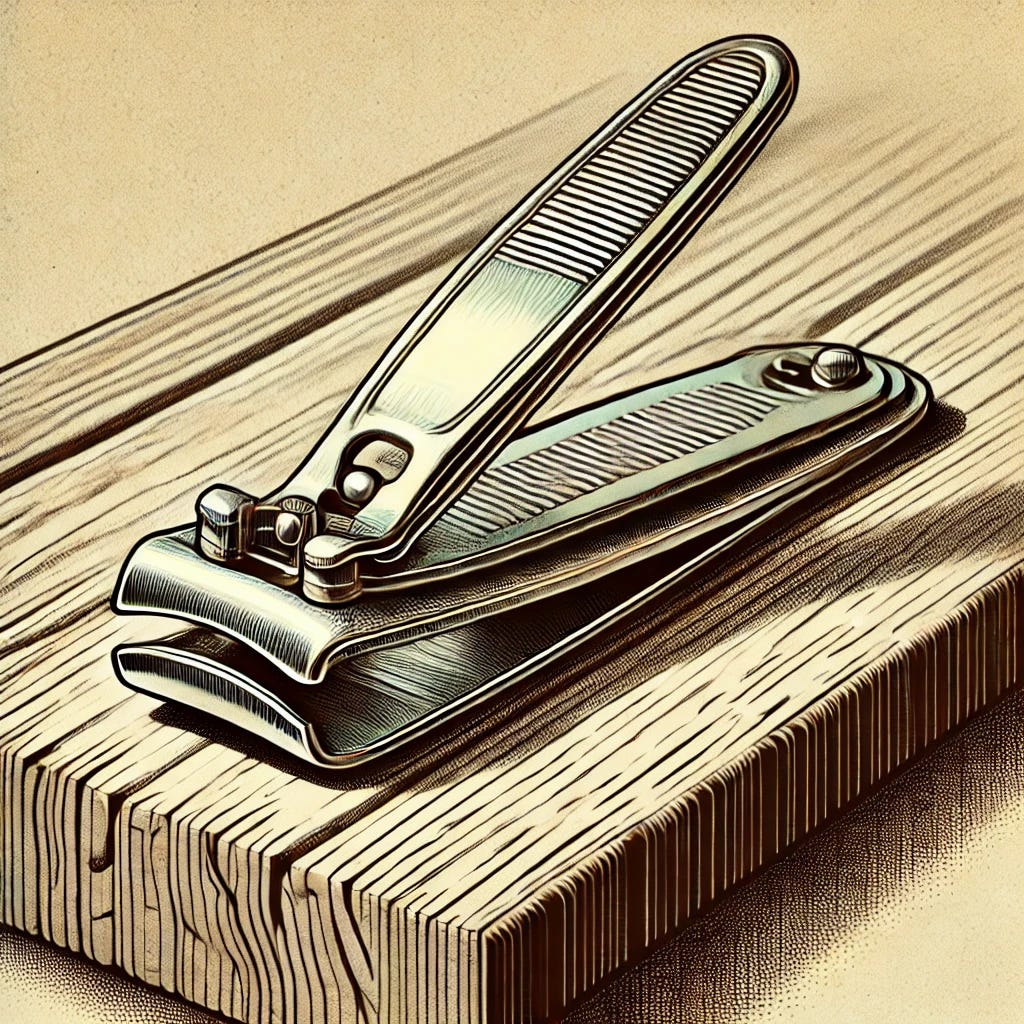 An illustration in the style of a 1950s inked drawing, depicting a nail clipper on a wooden bench. The focus is on the nail clipper, detailed with vintage ink lines, resting on the textured surface of the wooden bench. The style features soft shading typical of mid-century illustrations, with a muted color palette to evoke a nostalgic 1950s aesthetic. The composition captures a simple everyday object in a stylized, retro manner reminiscent of vintage lifestyle or instructional imagery.