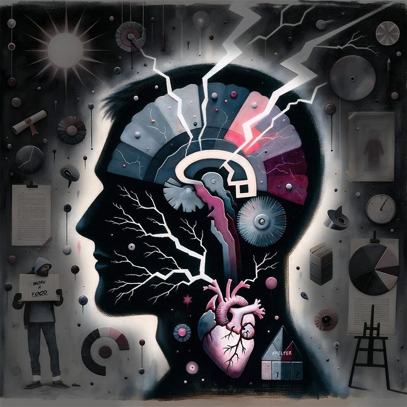“Theo Rents Space in My Head,” original digital illustration by Johnny Knapp Profane Au. Central figure is malehead, struck by lightning. Gouache collage includes nerves, brain, and heart in x-ray like detail. In the dark background a homeless man holds a sign “Work for Food,” analytical charts, a diploma, a child in a snowsuit and more. © 2023 Johnny Profane Knapp, all rights reserved.