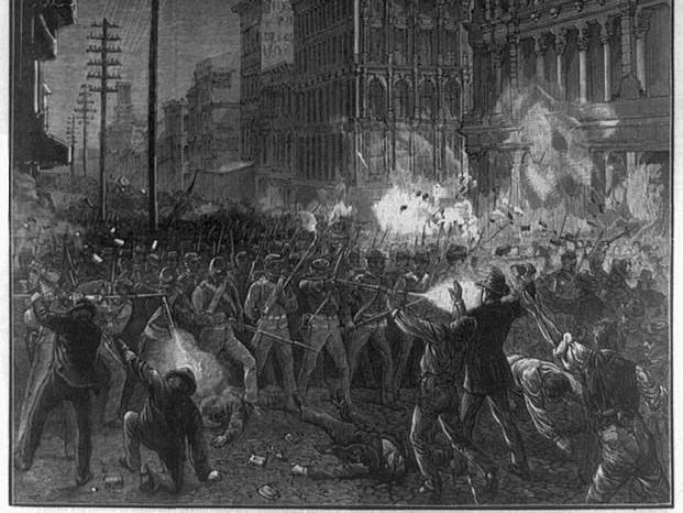 A black-and-white illustration of militia forces violently clashing with Baltimorean demonstrators in the streets of Baltimore. Many shots are being actively fired by the militia.
