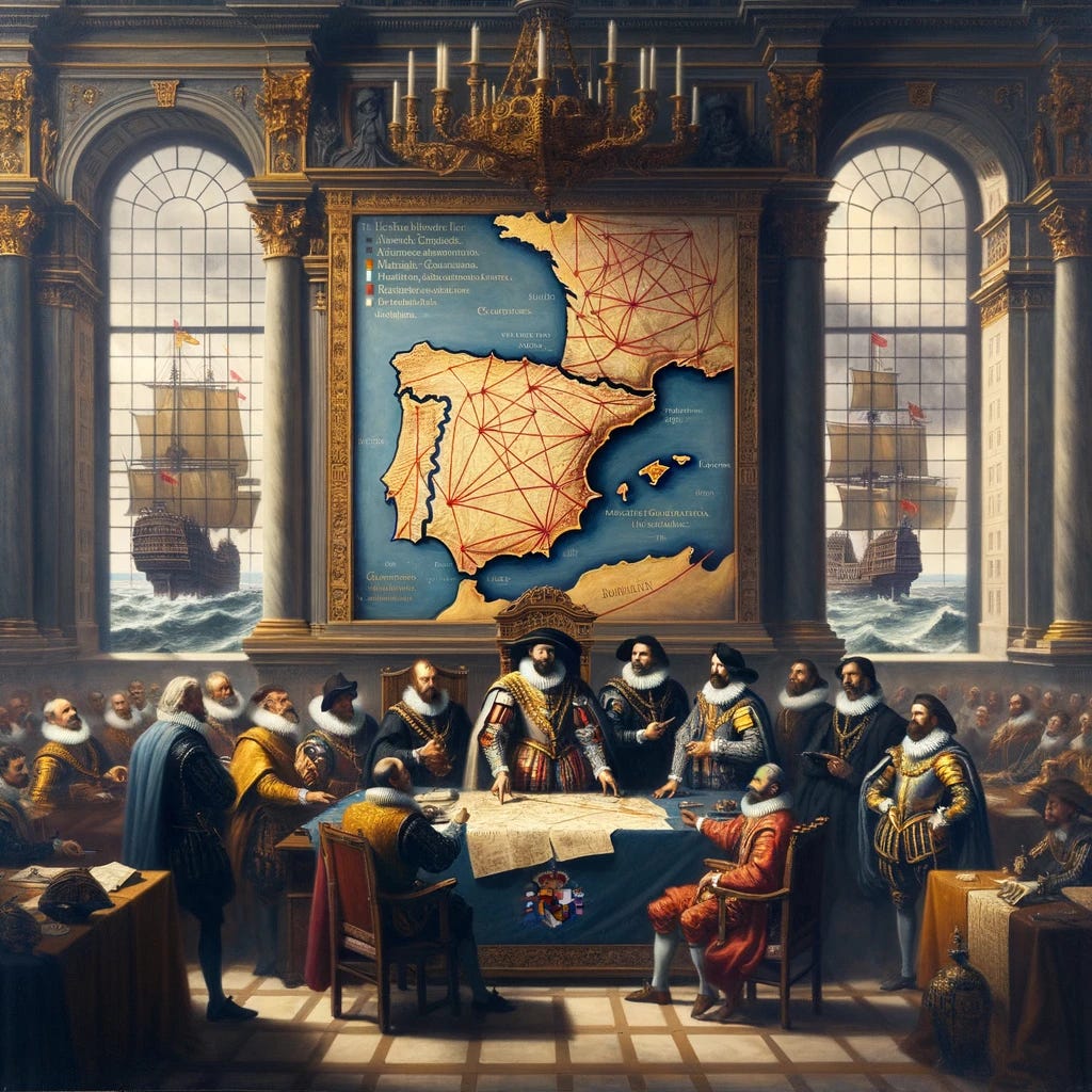 Oil painting in 16th-17th century style depicting a grand council room, where Philip II of Spain stands assertively with a map of the Iberian Peninsula spread out before him. Advisers and generals surround him, discussing strategies. On the map, trade routes connecting Spain and Portugal to the Netherlands and Britain are marked, with some routes notably crossed out, signifying the embargo. In the background, through grand windows, ships are seen anchored, their sails down, representing the halted trade.