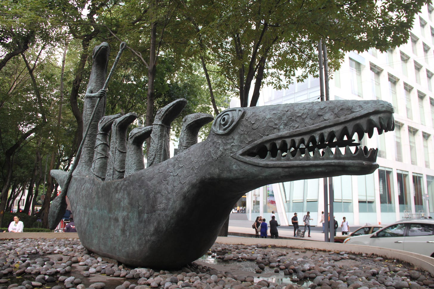 A bronze sculpture of a very fantastical crocodile-like monster, by the Surrealist author (and sculptor) Leonora Carrington