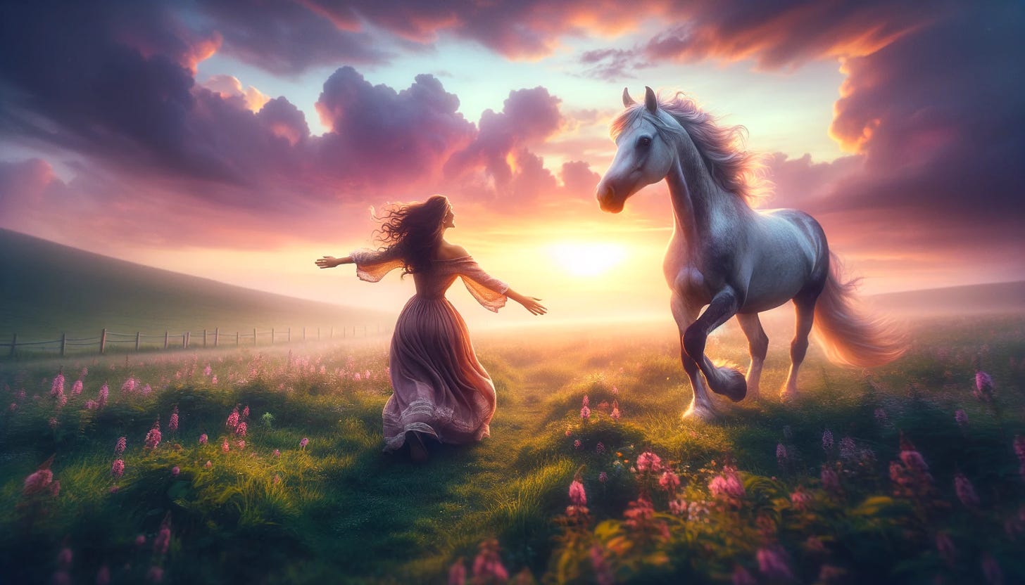 Create an image resembling the cover of a cheesy romance novel. In an open field under a soft, glowing sunset, capture a woman running toward a horse with open arms, their expressions filled with joy and anticipation. The scene is bathed in soft-focus, enhancing the dreamy, romantic atmosphere. The field is lush and green, dotted with wildflowers, adding to the vibrant yet tender setting. The sky is painted with hues of pink, orange, and purple, contributing to the magical ambiance. Ensure the composition follows a 16:9 aspect ratio to mimic the look of a photograph.