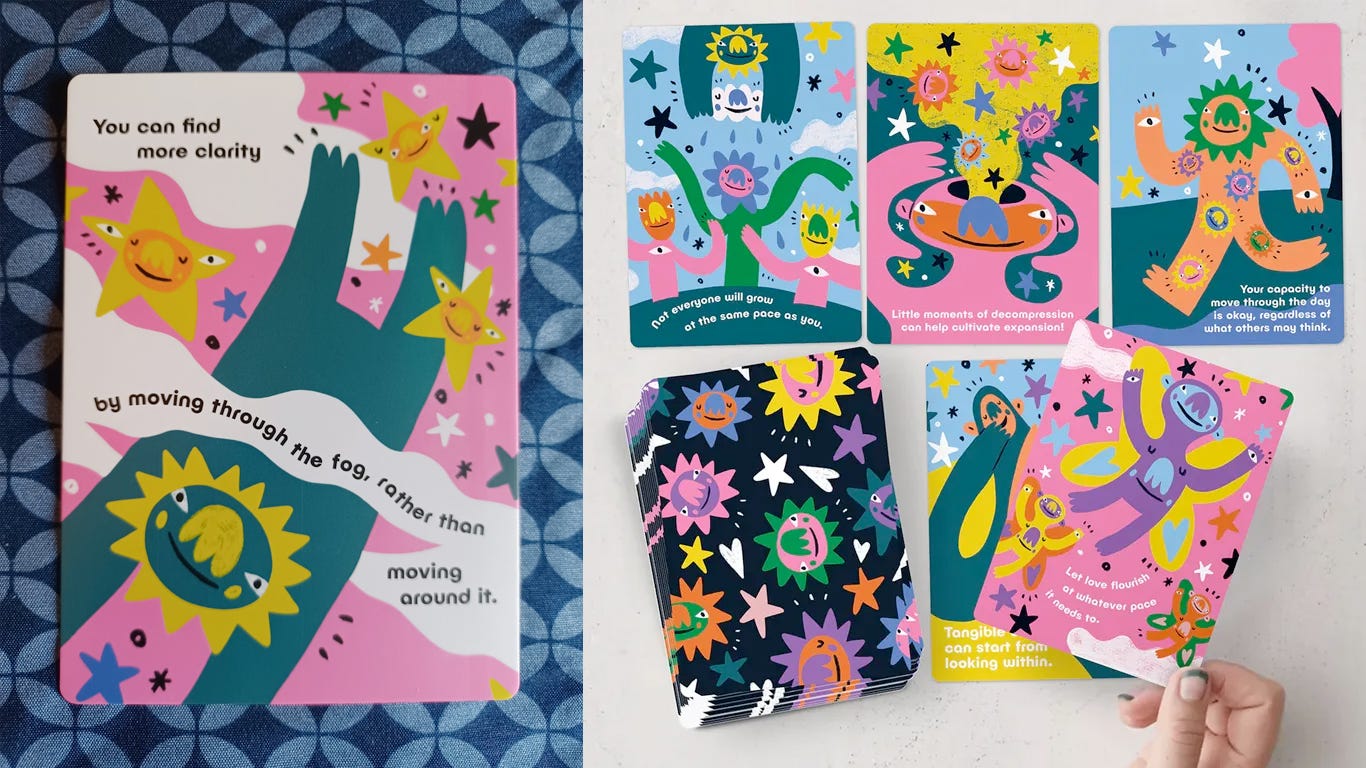 colorful cards with illustrations and positive affirmations