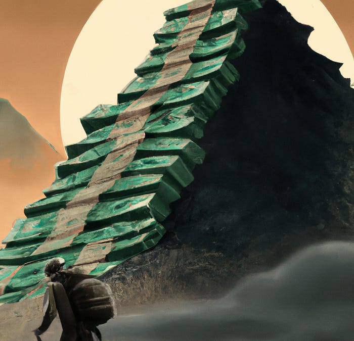 A man hiking up a mountain made of money.