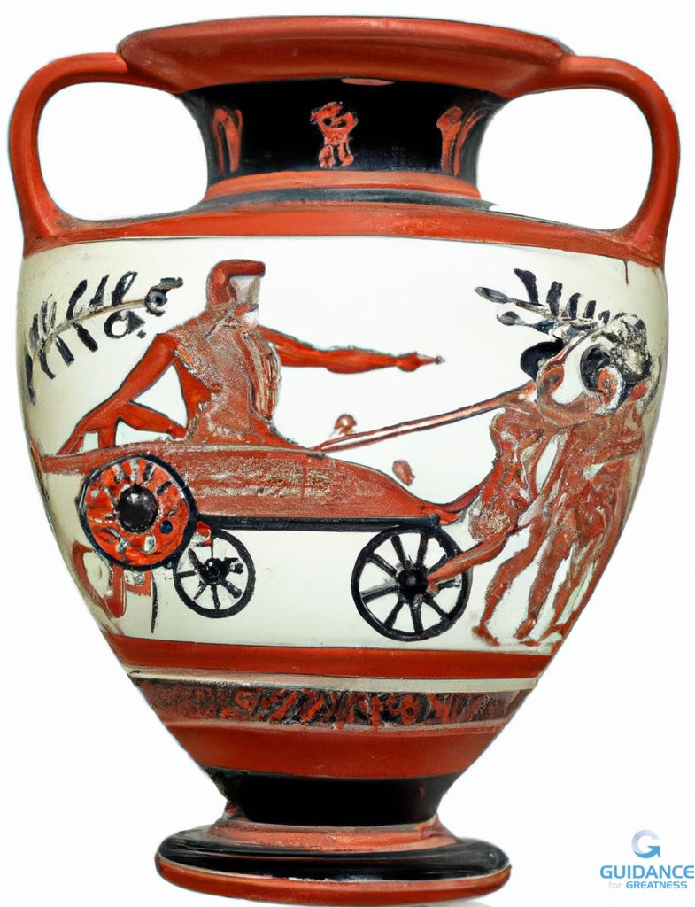 an image of a greek vase with a drawing of a man in a chariot being pulled by slaves. the man is pointing. the image is obviously AI generated
