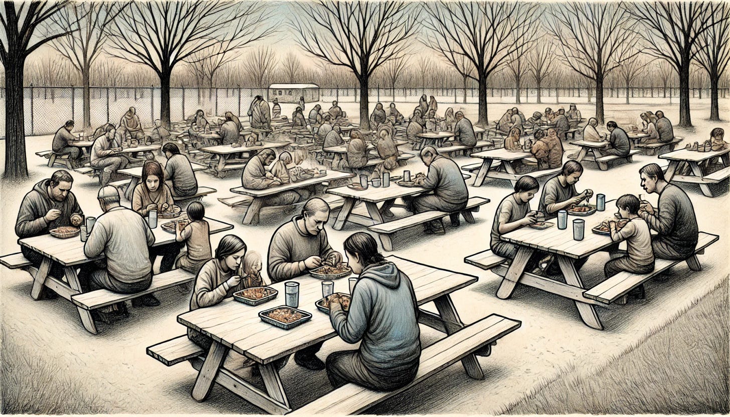 A wide, hand-drawn, pencil-style illustration using a muted color palette of greys, blues, and beiges. The scene shows families sitting at picnic tables in a park, eating the same kind of basic, unappetizing food as seen in institutional settings. The families are dressed in simple, casual clothing. The park has sparse trees and a plain, slightly worn appearance. The mood is subdued, with people quietly eating. The style is detailed and textured, resembling traditional pencil sketching with soft shading and natural linework. The wide format emphasizes multiple picnic tables spread across the park, maintaining a somber and reflective atmosphere.